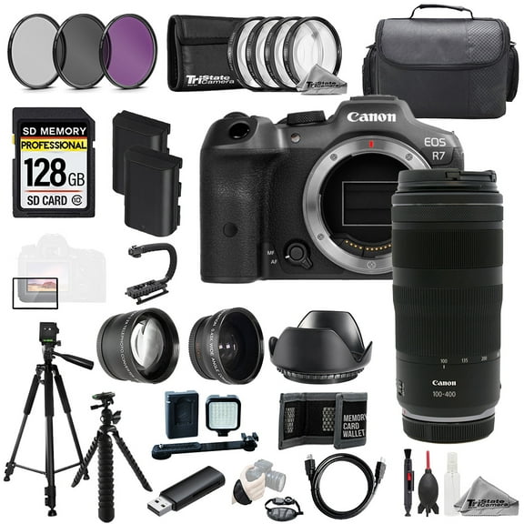 Canon EOS R7 Camera   RF 100-400mm f/5.6-8 IS USM Lens 128GB Ext Bat 9 PC Filtr MEGA Kit (International Version)