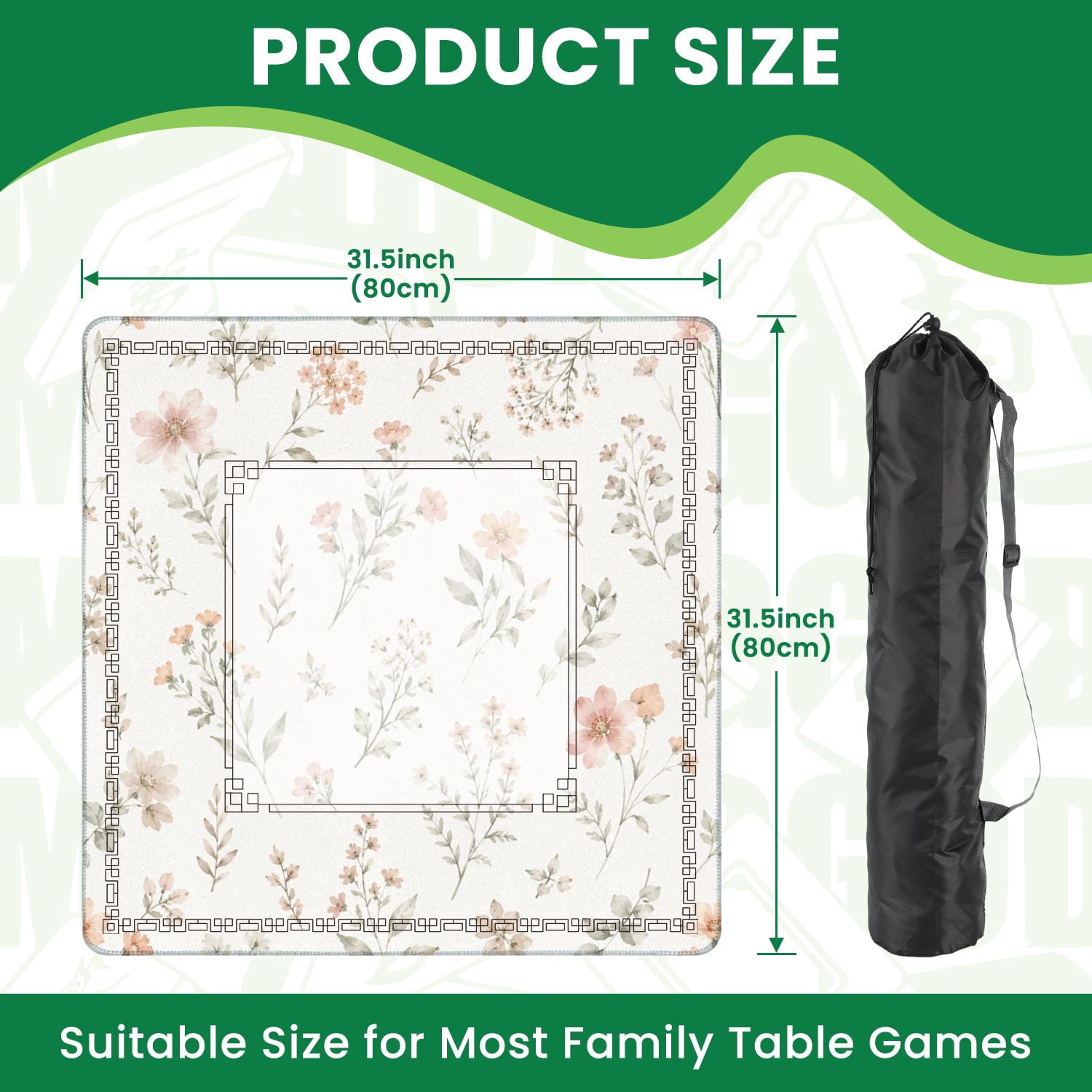 Mahjong Mat 31.5" x 31.5" Delicate Blush Pink Wildflower Botanical Soft Watercolor Style Non-Slip Noise Reduction American Mahjong Tiles Table Cover for Dominoes Poker Card Board Games Gift