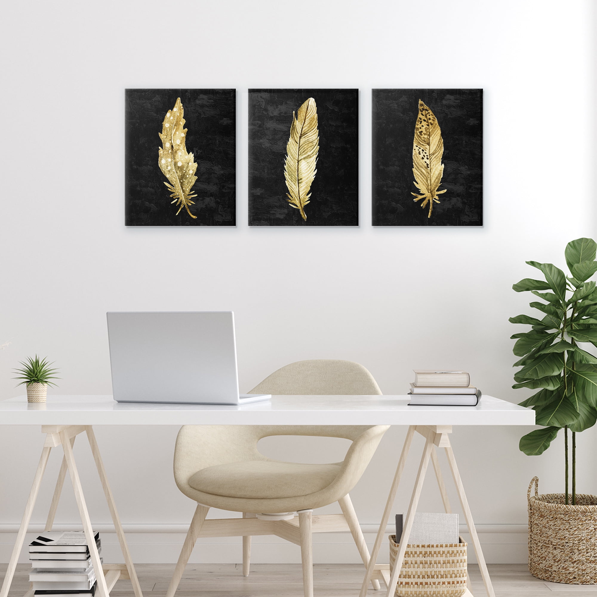 Black & Gold Feathers 3 Piece Canvas Wall Art Set, design by Kim Allen