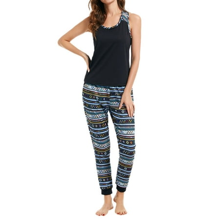 

HUBERY Women Crew Neck Sleeveless Racerback Boho Printed Spliced Sleepwear Set