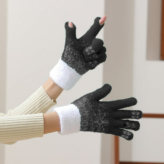 YOHAVEN Christmas Gloves Winter Knit Plush Mittens, Snowflake Tree Pattern Warm Fingerless Gloves for Holiday Party Outdoor Walking Riding Cold Weather