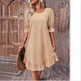 thumbnail image 4 of Vestido Corto Holgado con Mangas Abullonadas, Bajo con Volantes, Cuello Redondo y Fruncido, Color Caqui Talla S, 4 of 10