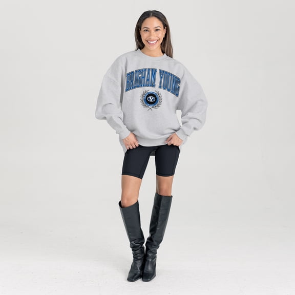 Women's Gameday Couture Ash BYU Cougars Oversized Tradition Refined Premium Fleece Sweatshirt
