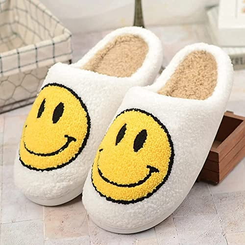 Retro Souriant Visage Doux en Peluche Confortables Chaussons à Enfiler pour  les Couples Hiver Approvisionnement Intérieur Chaud, (Blanc, 37/38 (pour 36  et 37 Pieds) 