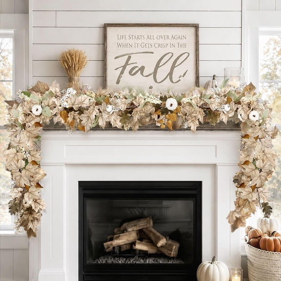 XWYUO 68.9'' Vine Garland White with Pumpkins and Berries Fall Garland Maple Leaf, Thanksgiving Decor for Home Wedding Fireplace Party Christmas,White&Brown