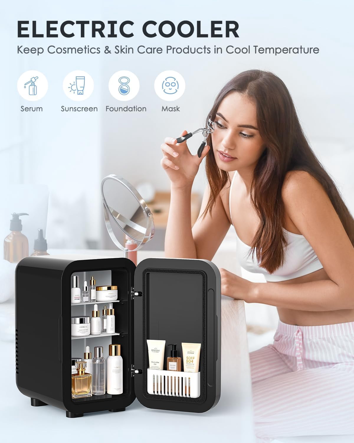 Skincare Fridge with Glass Panel, 6L  Fridge for Home/Car,  Portable Thermoelectric Cooler and Warmer, Makeup  Compact Refrigerator for Skincare Cosmetics Food Drinks (Black)