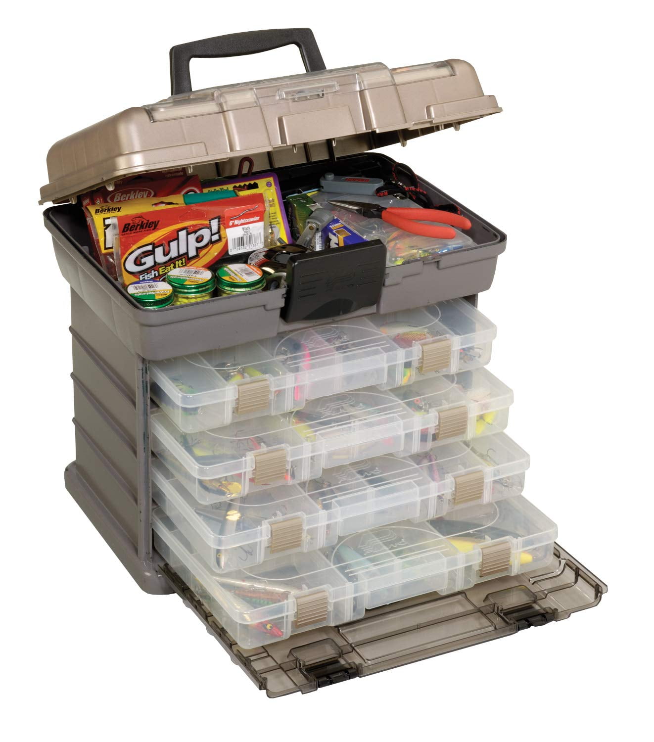 Plano Guide Series StowAway 4-By Rack System Tackle Box, Holds 4 3700 Utility Tackle Boxes, Quick-Access Top Storage with DuraView Lid, Durable Construction, Flexible, Adaptable Fishing Box CA2