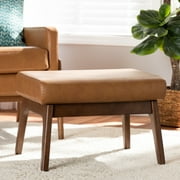 Skyline Decor Bianca Mid-Century Modern Walnut Brown Finished Wood and Tan Faux Leather Effect Ottoman