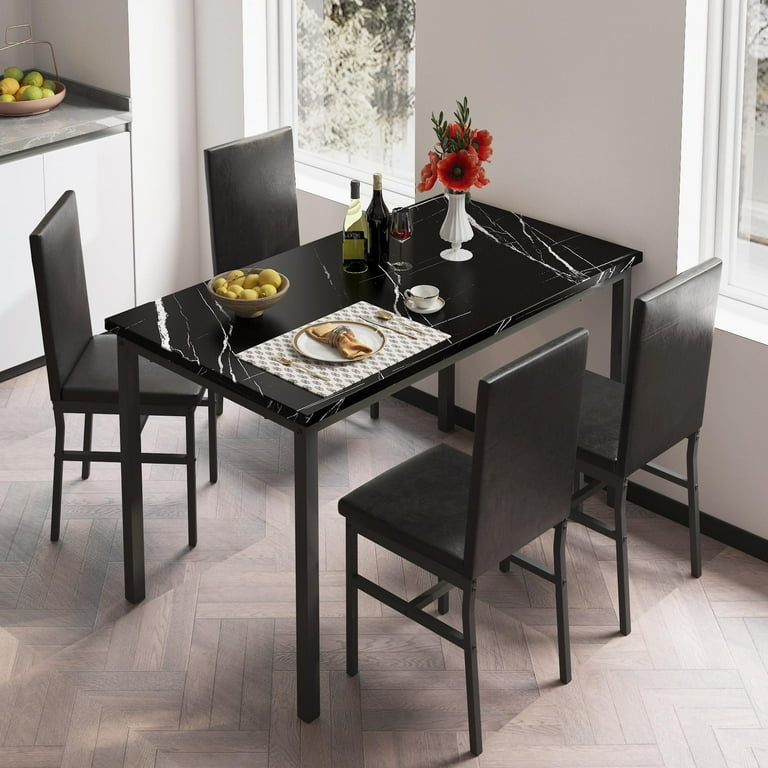 5 Piece Dining Table Set Modern Faux Marble Tabletop and 4 PU Leather Upholstered Chairs Rectangle Kitchen Table and Chairs for 4 Persons Small Dining Set for Bar Dining Room Breakfast Nook