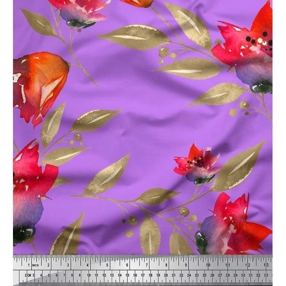 Soimoi Crepe Silk Fabric Flower & Leaves Watercolor Print Fabric by the Yard 42 Inch Wide