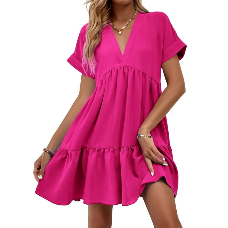 Hot Pink Ruffle V-Neck Mini Dress | SilkFred US