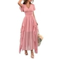 thumbnail image 2 of Women'S Casual Summer V Neck Flutter Ruffle Short Sleeve Irregular Hem High Waist Flowy Midi Dresses Pink S, 2 of 9
