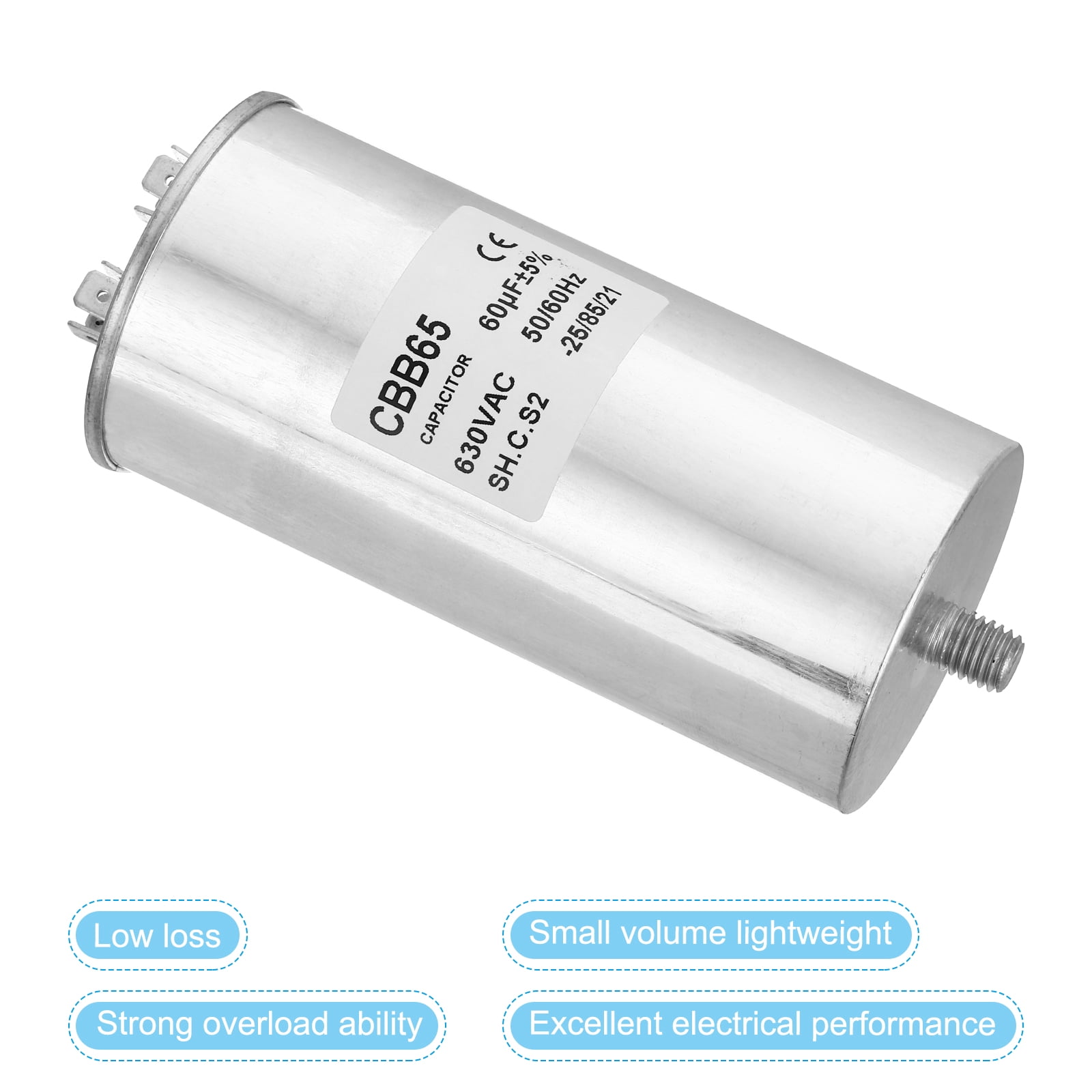 Uxcell CBB65 60uF Run Capacitor,60mfd AC 630V Aluminum Case with 2 Terminal M10 Screw