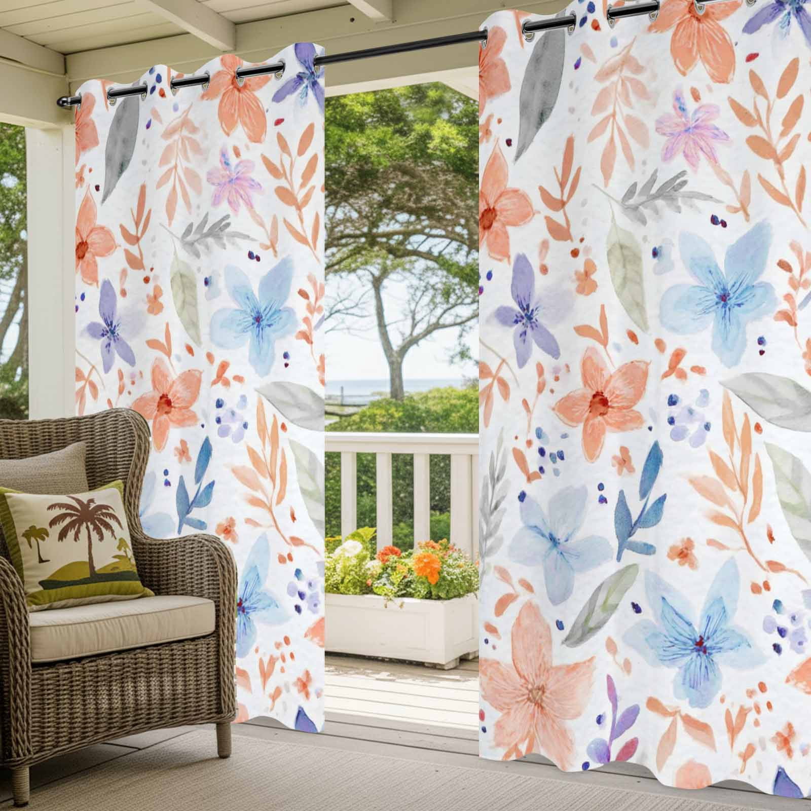 Blue Pink Floral Outdoor Curtains for Patio, Boho Light Blue Pink Flowers Leaf Sunshade Privacy Drapes Grommet Waterproof Outside Curtains for Porch/Cabana/Balcony 54"x 108", 1 Panel