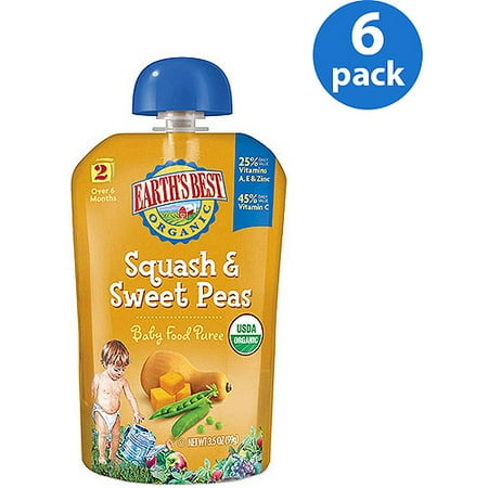 Earth's Best Puree Organic Squash & Sweet Peas 3.5oz - Stage 2 Baby Food (Pack of 6)