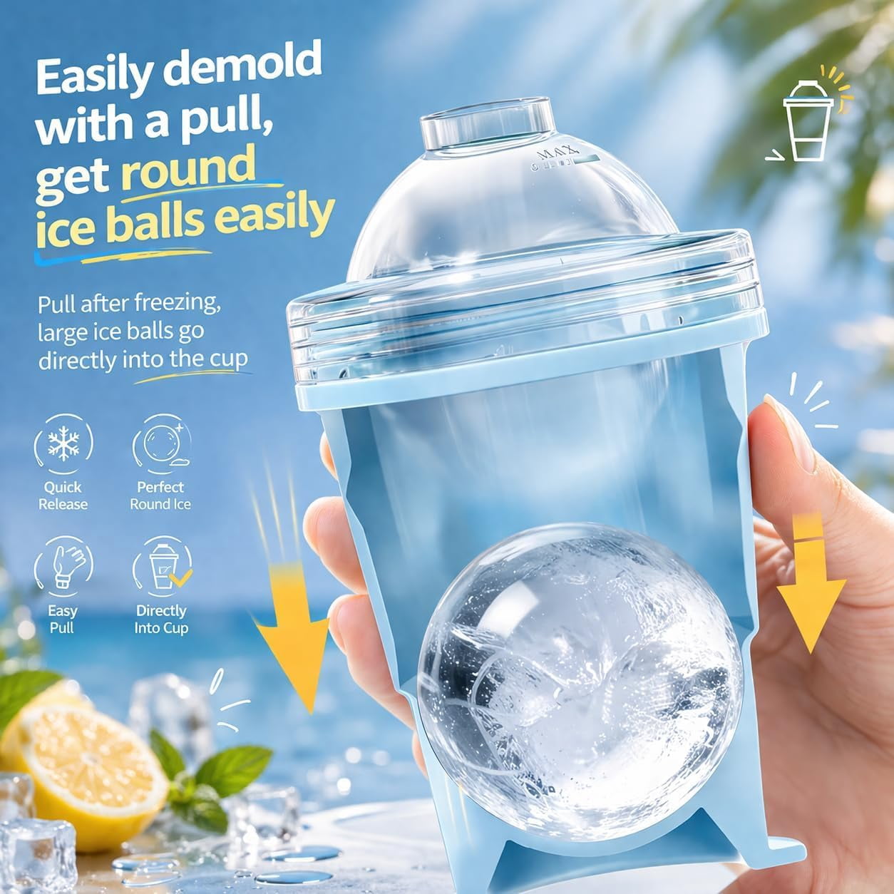 2-in-1 Collapsible Silicone Ice Ball Maker Cup, Foldable Ice Ball Drink Cup, Reusable Portable Silicone Ice Sphere Mold Bottle with Straw & Lid, Easy Demolding, Leakproof Travel Tumbler (Blue)