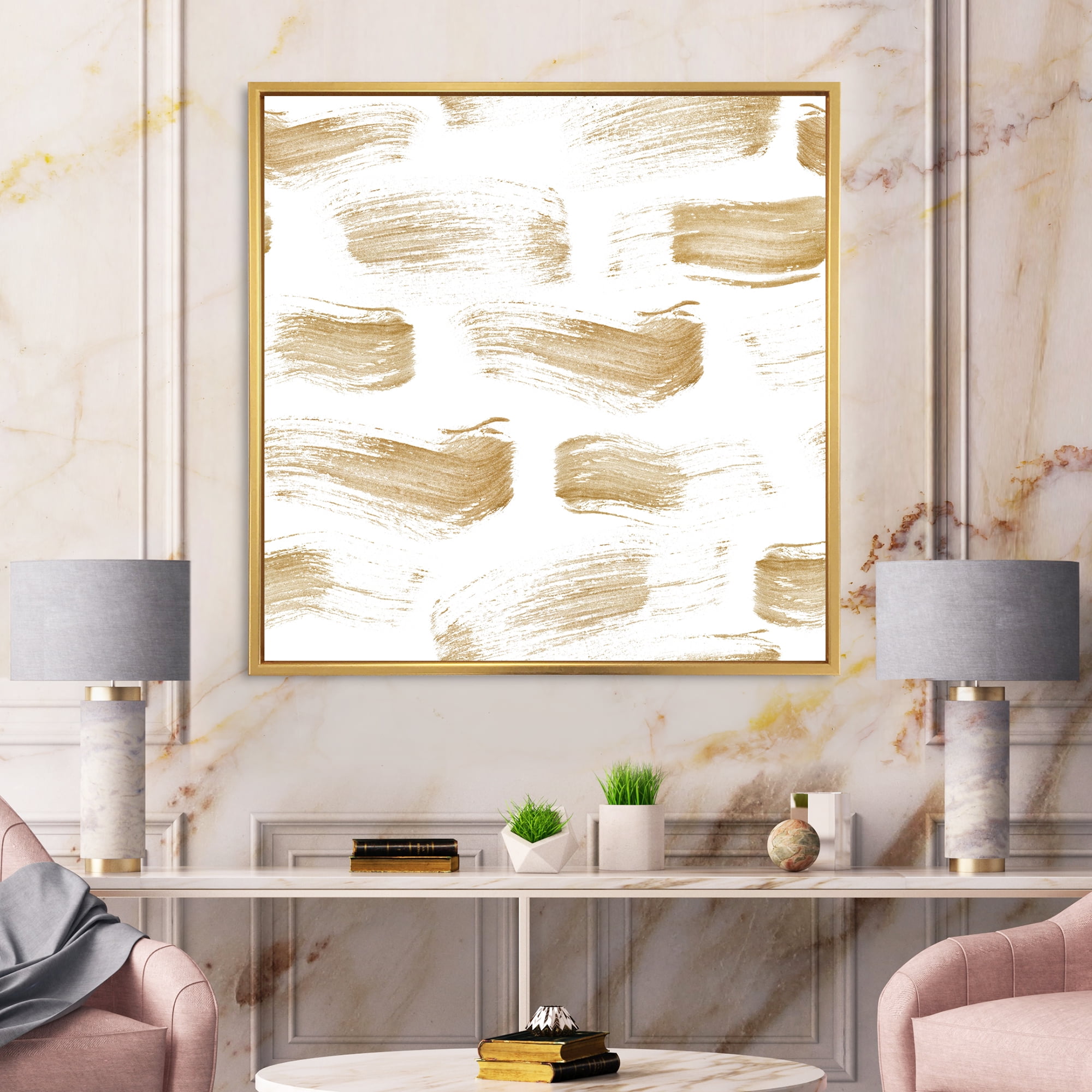Designart 'Golden Abstract Brush Strokes' Modern Framed Canvas Wall Art Print