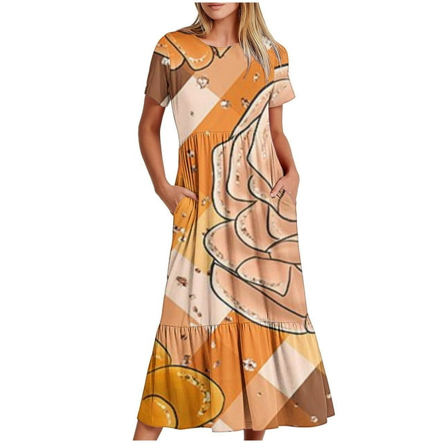 Pisexur Robe d'Été 2024 pour Femme, Plage, Décontractée, Florale, Manches Courtes, Bohème, Maxi, Col Ras du Cou, Smockée, à Étages, Fluide, Longue