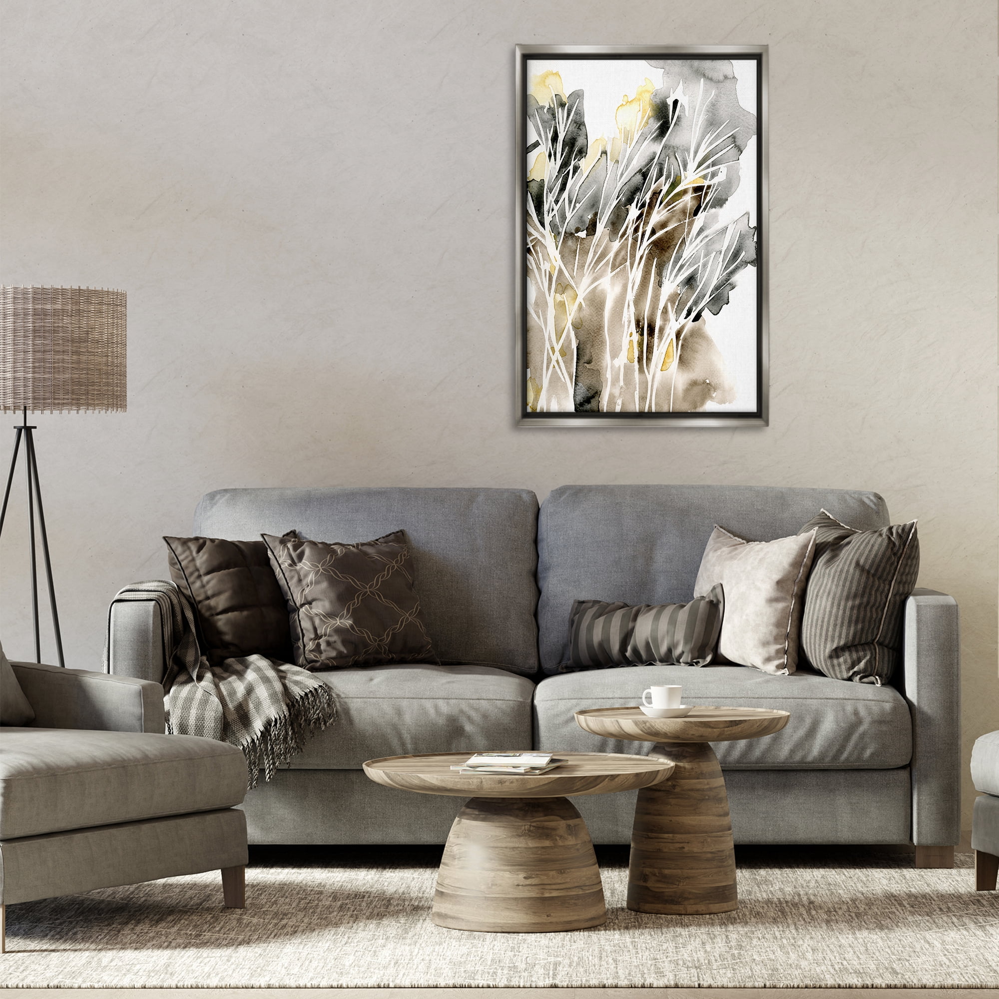 Stupell Industries White Strands Watercolor Plants & Flowers Painting Gray Floater Framed Canvas Art Print Wall Art, 21 x 31
