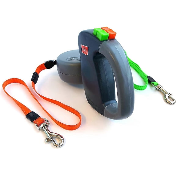 2 Two Dog Reflective Retractable Pet Leash - Two Dogs Each up to 50 lbs and 10ft. Reflective Orange and Green Leads. Dual Locking, Small, Gray
