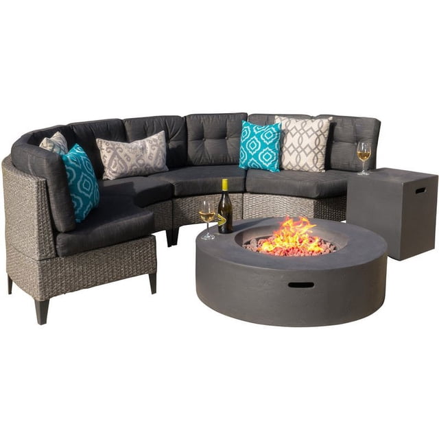 Navagio Ensemble de Canapé Demi-Rond en Osier Noir Mixte 6 Pcs avec Table à Feu Gris Foncé