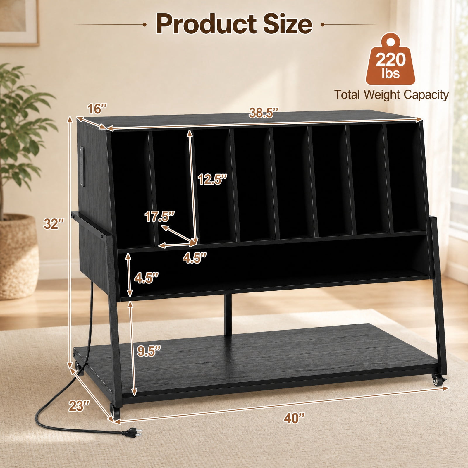 Furnibear Turntable Stand with Charging Station Vinyl Storage Shelves and Locking Wheels for Living Room Record Player Setup, Black