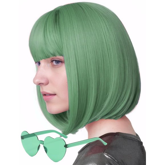 MIUSKATL Peluca y gafas de sol de 12.0 in con flequillo corto para mujer, disfraz de fiesta de cosplay (verde menta)