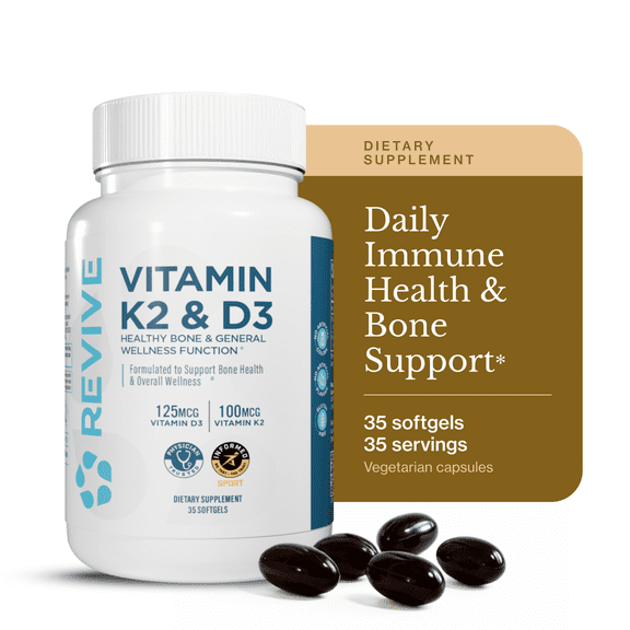 Revive MD Vitamin D3 K2 Supplement, Bone, Immune & Calcium Support Capsules, 35 Servings