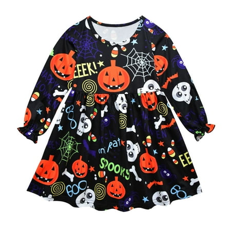

nsendm Girls Plaid Dress Toddler Kids Girls Infant Long Sleeve Cartoon Halloween Letters Kids Holiday Sweater Girls Black 2-3 Years