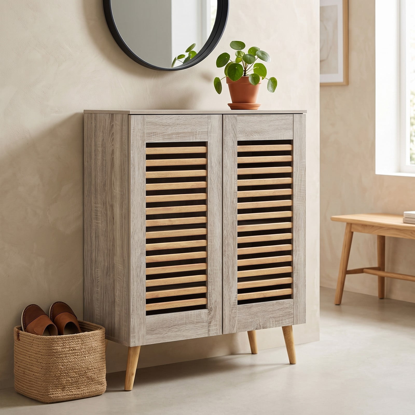 Furnibear Shoe Cabinet with Louvered Doors and 3 Removable Shelves for Entryway Closet and Hallway Shoe Storage Organizer, Natural
