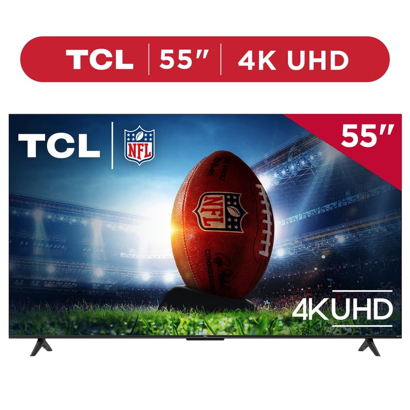 TCL 55” Class S4 (55S451) 4K UHD HDR Smart TV with Roku TV front and back view