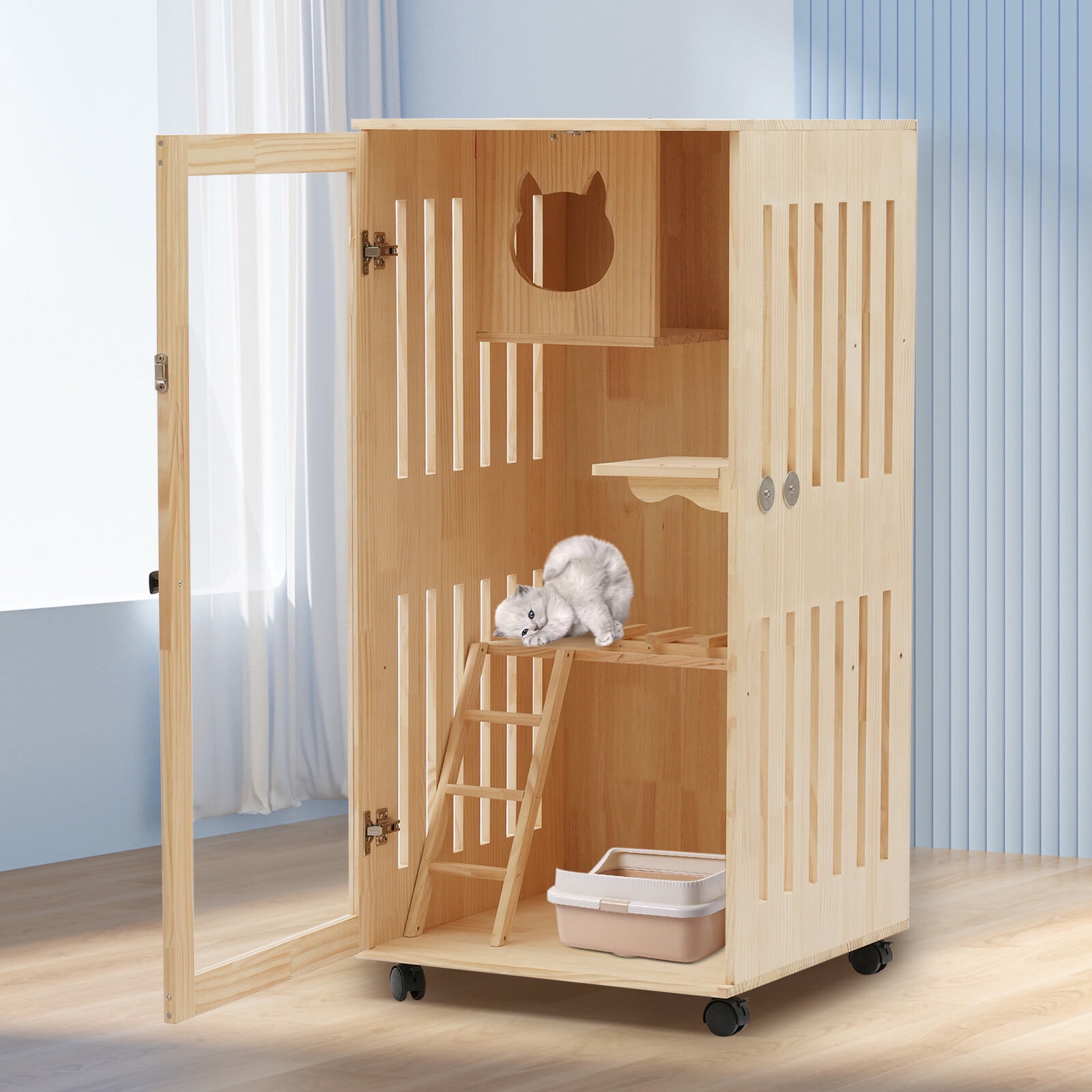 Pine Wooden Cat House Oversized Cat Villa on Wheels Cat Enclosure Catio Cage with Ramp and Covered Cat House Kit Luxury Multi-Feature Cat Condo with Cat Scratching Posts for Outdoor and Indoor Cats