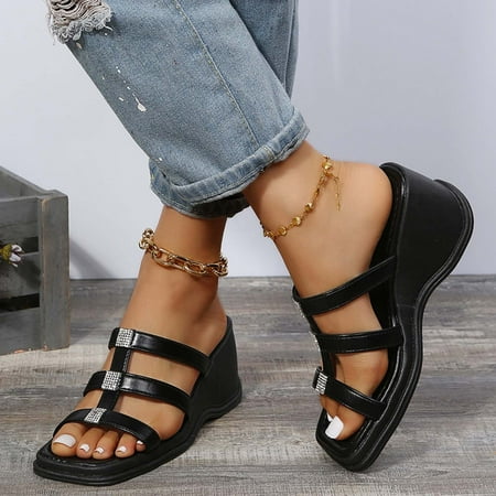 

loopsun Summer Sandals for Womens Womens Sandals Clearance Women s Fashion Wedge Slippers 7CM Thick Bottom Solid Color Square-head Slippers