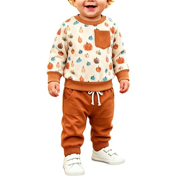 Ruyang Toddler Halloween Outfit Boy Girl Pumpkin Patch Pocket Crew Neck Sweatshirt Joggers Set Halloween Fall Baby Clothes