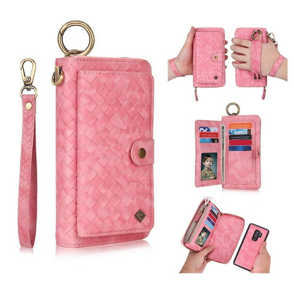 Galaxy S9 Plus Wallet Detachable Case, Dteck [wrist band][14 Card Slots] Zipper Purse Phone Case Multi-functional Folio Flip Weave PU Leather Removable Magnetic Back Cover For Samsung Galaxy S9 ,Pink