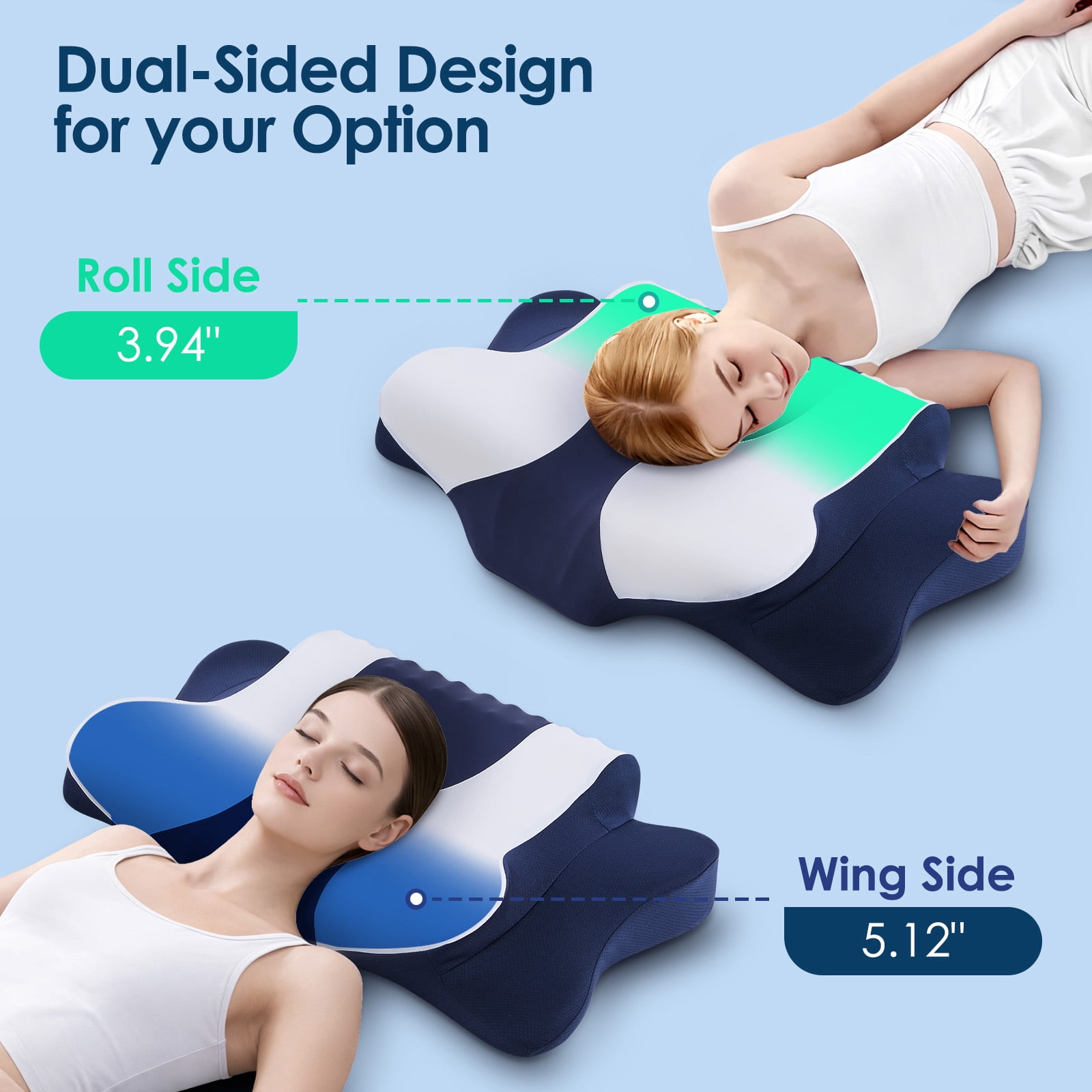 DONAMA Cervical Neck Pillow for Pain Relief Sleeping, Memory Foam Pillow Neck Pillow Bed Pillow with Pillowcase for Side Back and Stomach Sleepers, Blue and White