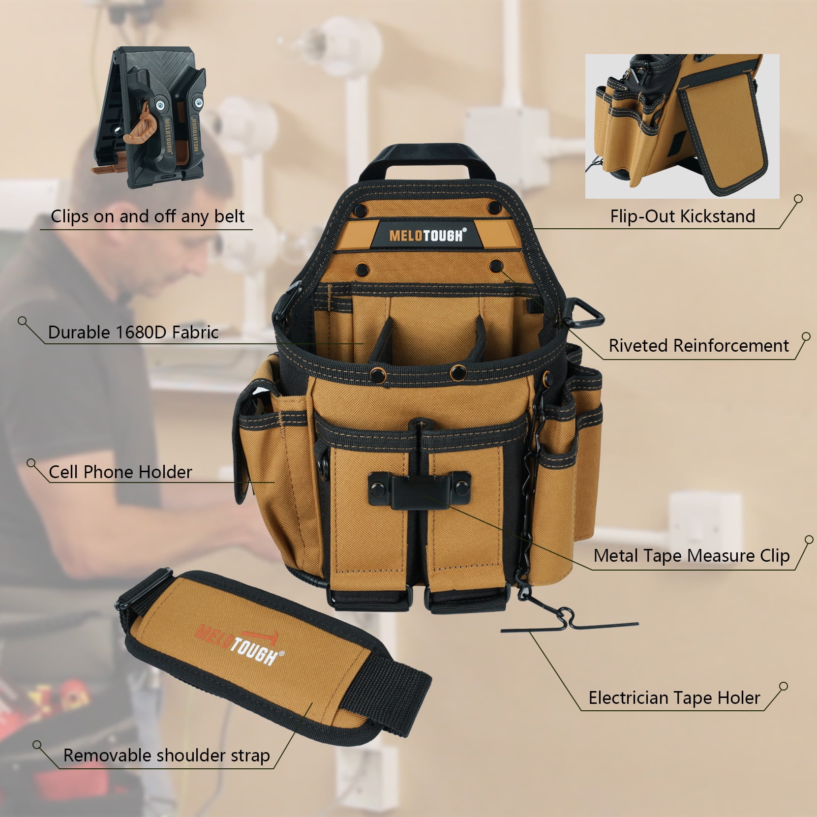 MELOTOUGH Electrician Tool Pouch Bag with Shoulder Strap Professional 15 Pockets Tool Pouch with Belt Clip Quickly Attach and Release Tool Bag