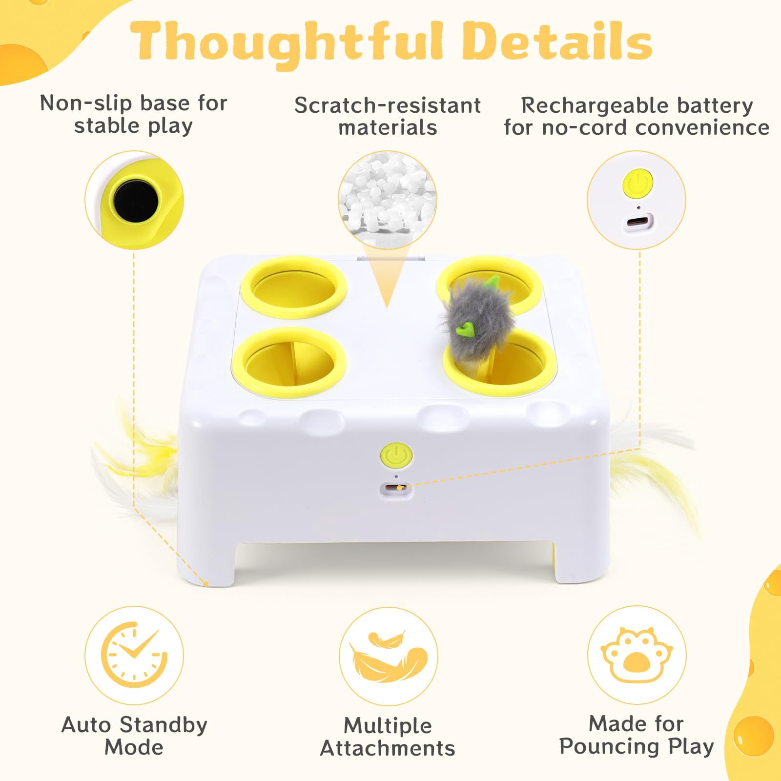Cheese Box Interactive Cat For Indoor Cats  3-in-1 Whack A Mole 3 Modes Rechargeable Auto Toys Bored 4 Holes Kitten 4 Accessories (white)
