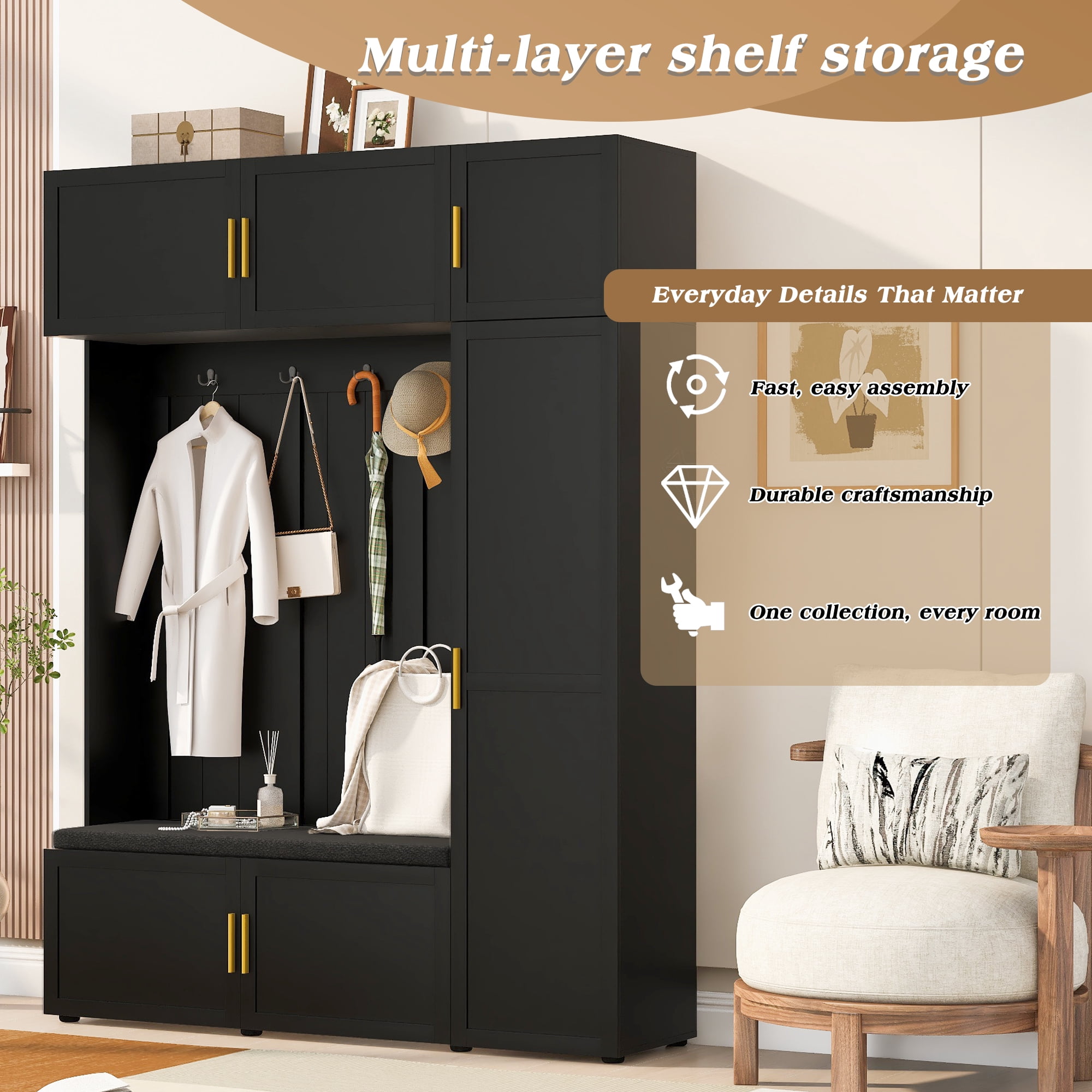 Mintazer All‑in‑One Hall Tree with Cushioned Shoe Bench & Hooks, Entryway Storage Organizer with Cabinets & Open Shelves for Mudroom Hallway, Black