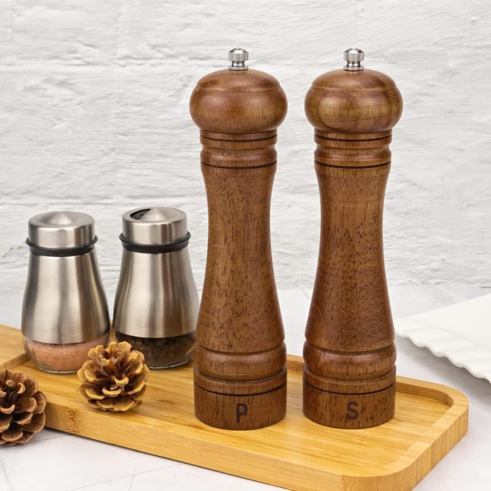 8 Inch Wooden Salt And Pepper Grinder Set With Tray – Solid Oak, Adjustable Ceramic Core, Refillable