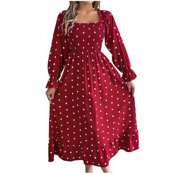WRKEKC Womens Dresses Casual Print Long Sleeve Square Neck Knee Length Dress for Fall Winter Polka Dot Pattern Fit and Flare with Back Zip