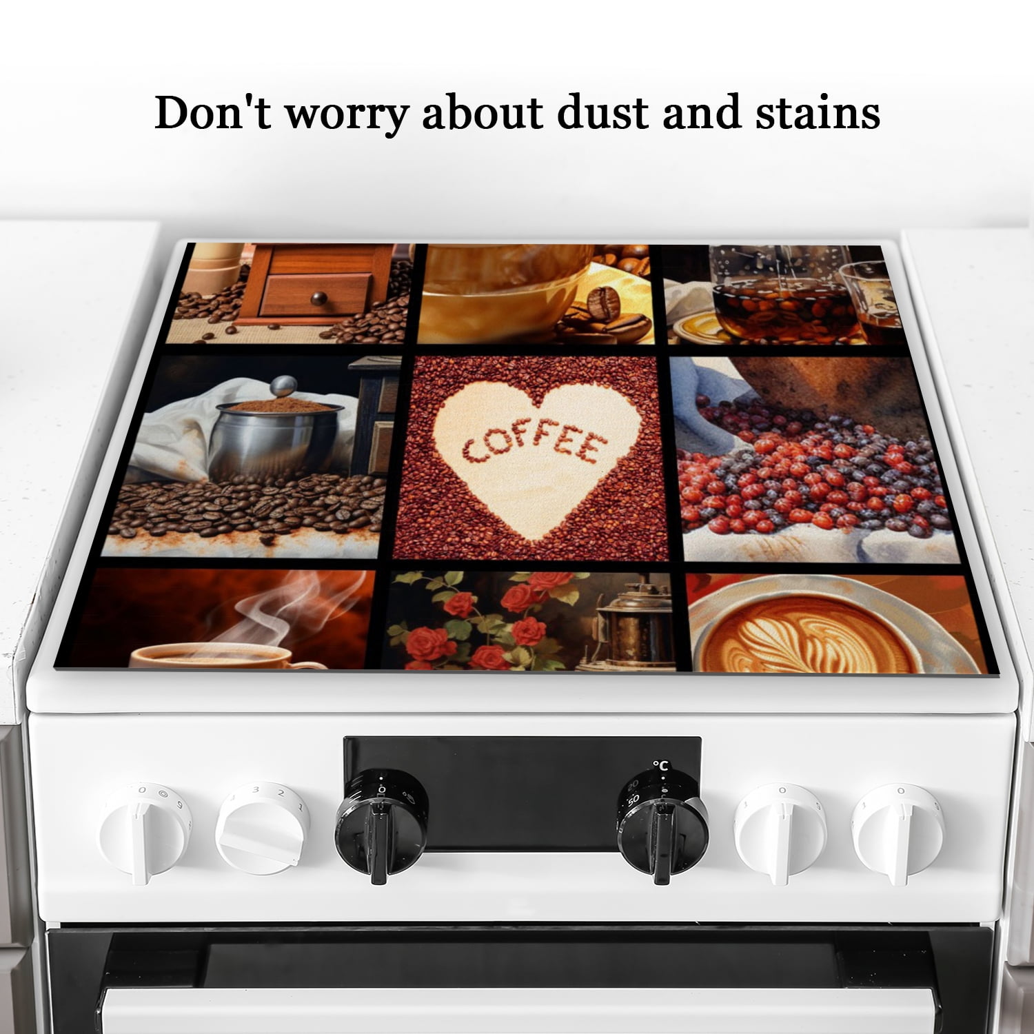 Square Glass Induction Cooktop Protector Mat, Collage of Coffee Glass Stove Cover for Electric Stove, Heat Resistant Foldable Decoration Pad for Kitchen RV (28×20 Inch)