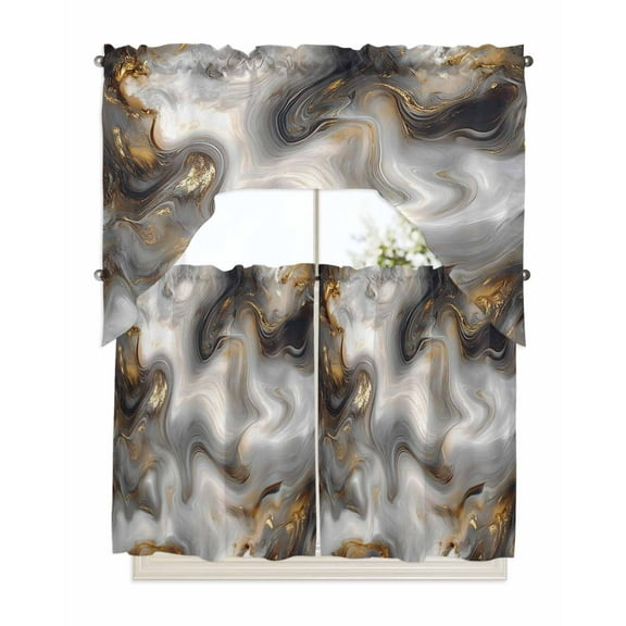 Black Gray Marble Kitchen Curtains Swag Valance and Tier Curtains Set 36 Inch Length, Modern Abstract Golden White Texture Rod Pocket Drape Panels Pair Swag Curtains for Bathroom/Cafe/Window
