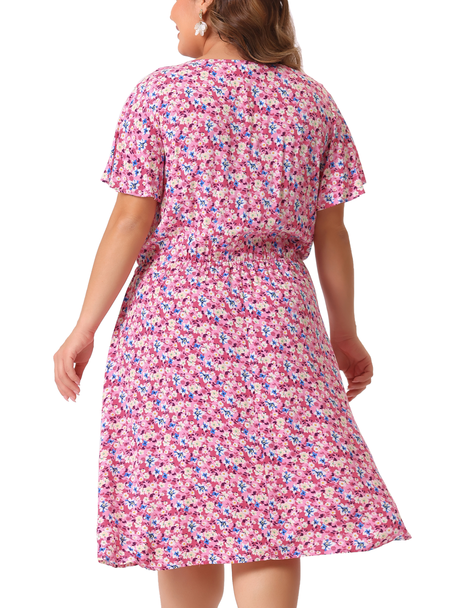 DARING DIVA Plus Size V Neck Flare Sleeve Peplum Midi Ruffle Dress 1X Dark Pink