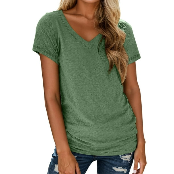 Nueva camiseta de manga corta con cuello en V para mujer: prenda informal de primavera/verano, poliéster/spandex, diseño fruncido en la cintura