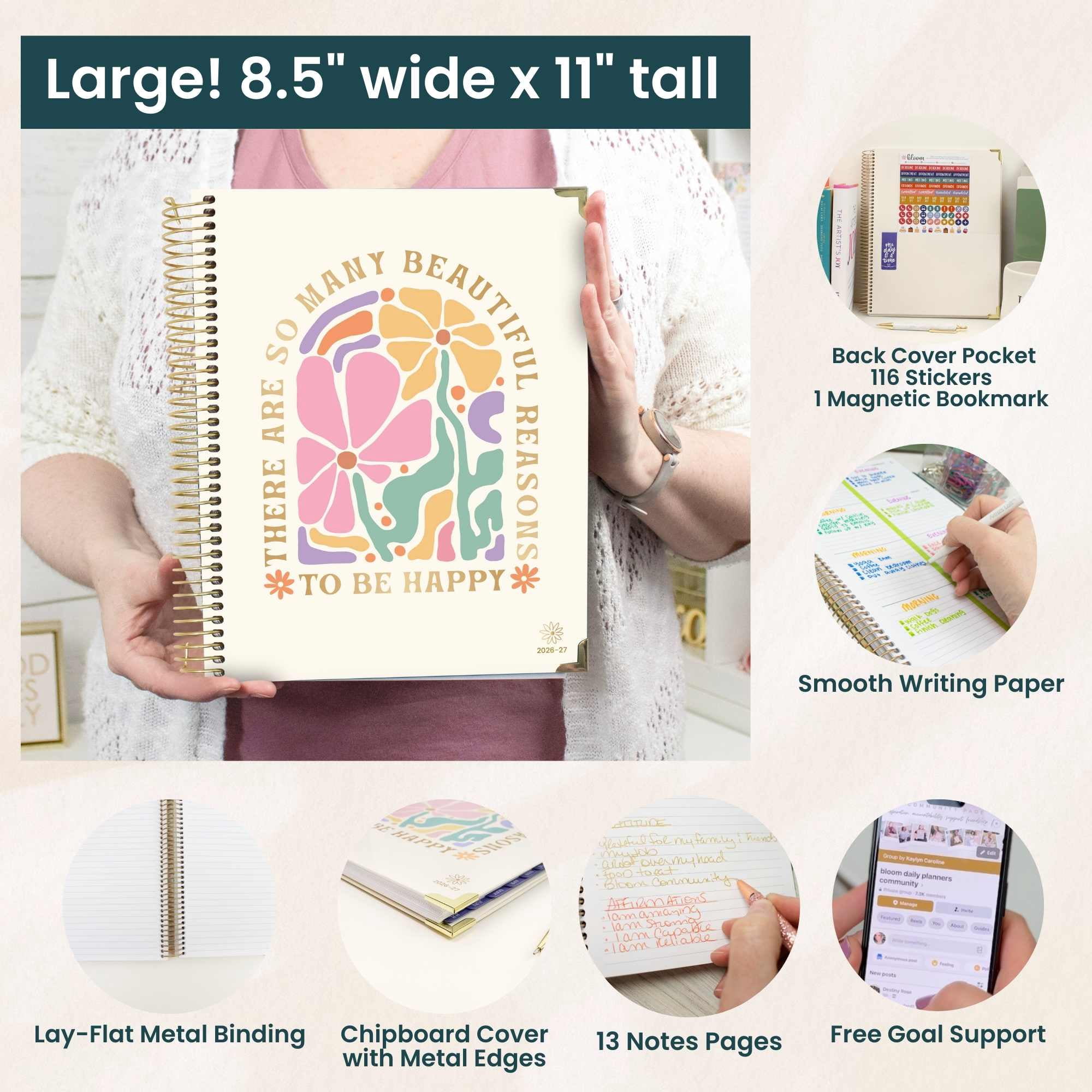 bloom daily planners 2026-2027 Academic Planner, 13-Month Monthly & Weekly Hard Cover, 8.5" x 11", So Many Reasons to Be Happy
