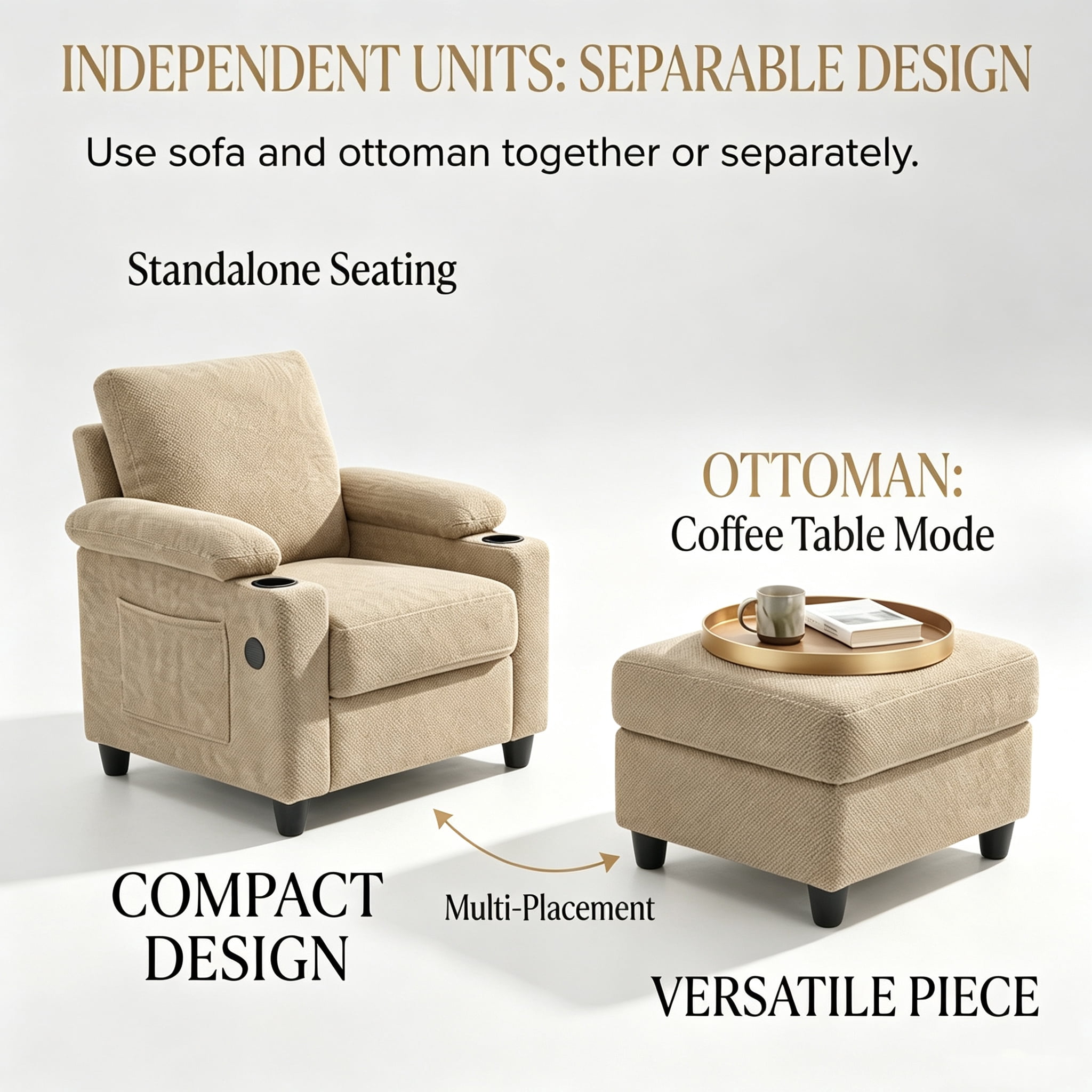 Aukfa Accent Chair with Storage Ottoman & Cup Holders, Convertible Sleeper Recliner Lounge Chair with Adjustable Backrest, USB-C Port & Side Pocket, Camel