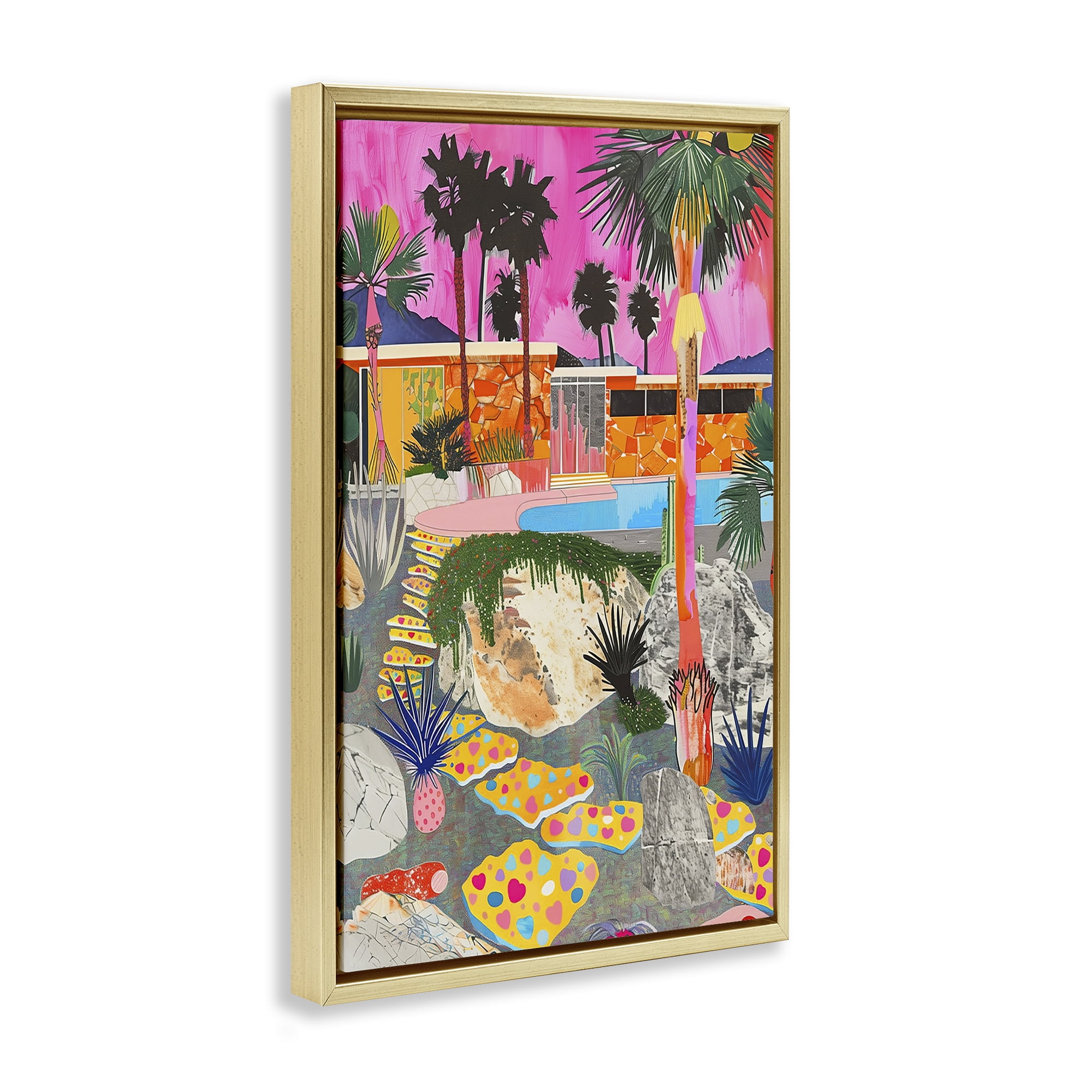 Stupell Industries Modern Tropical Villa Collage Abstract Painting Gold Floater Framed Canvas Art Print Wall Art, 17 x 25