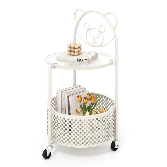 Gymax 2-Tier Mobile Glass Coffee Table w/ Bear Pattern Storage Basket Transparent & White