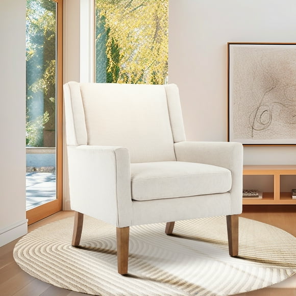 MALOL Fauteuil d'Appoint Moderne, Fauteuil à Oreilles Recouvert de Tissu avec Pieds en Bois, de Style Milieu de Siècle pour Salon Ou Chambre, Beige
